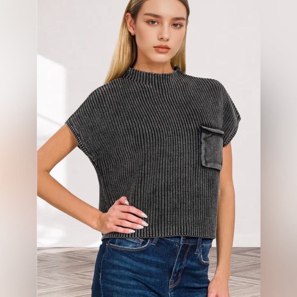 Zenana Outfitters Ribbed Short-Sleeve Pocket Sweater in Charcoal Gray